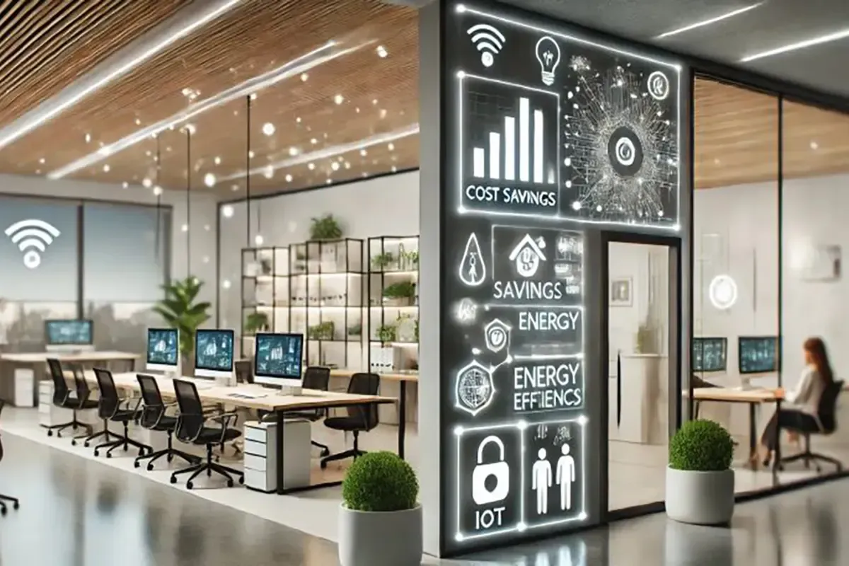 Bureau moderne avec affichage numérique indiquant les économies de coûts, l'efficacité énergétique et l'IoT.