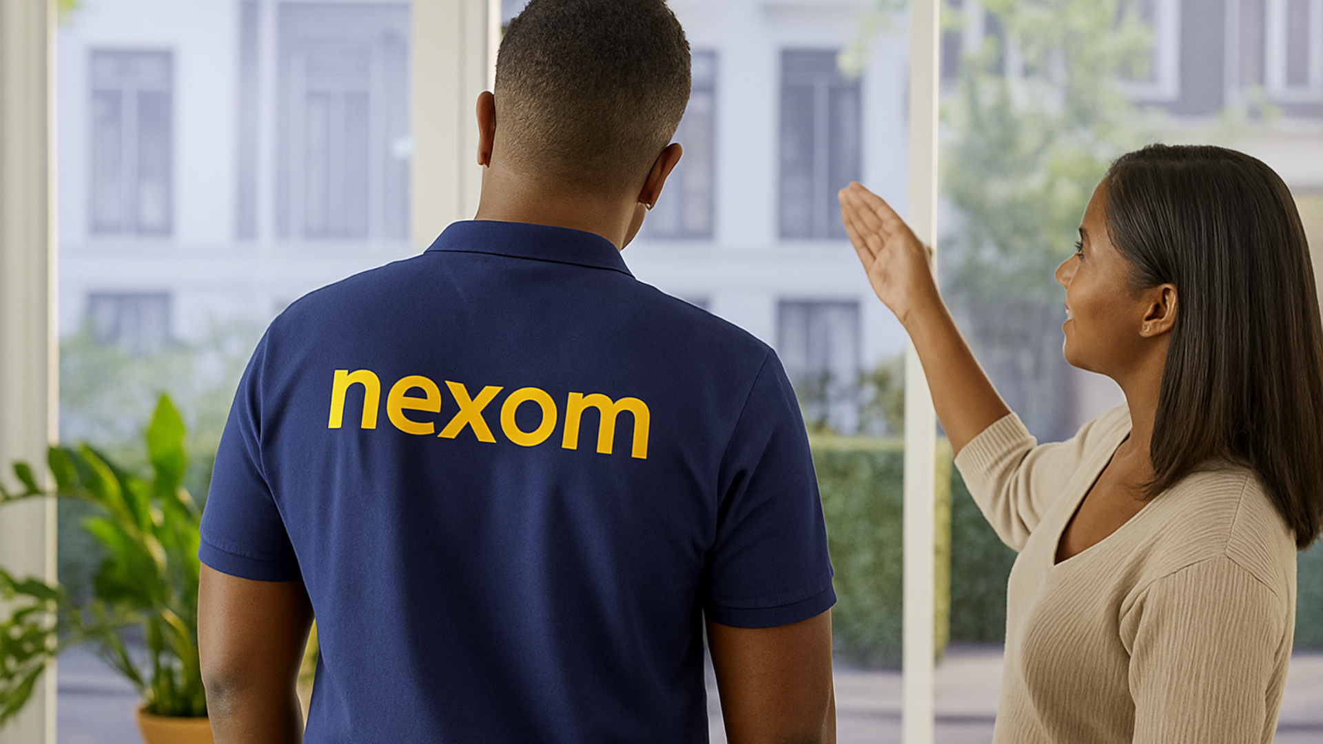Une personne vêtue d'une chemise bleue avec l'inscription « nexom » dans le dos se tient debout à côté d'une autre personne qui désigne une fenêtre lumineuse.