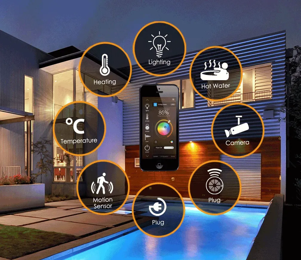 Concept de maison intelligente : le téléphone contrôle l'éclairage, les caméras et les prises dans une maison moderne.