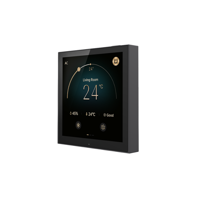 Thermostat intelligent noir affichant la température et les réglages.