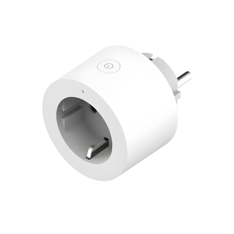 Prise intelligente blanche avec bouton marche/arrêt et broches de prise européenne.