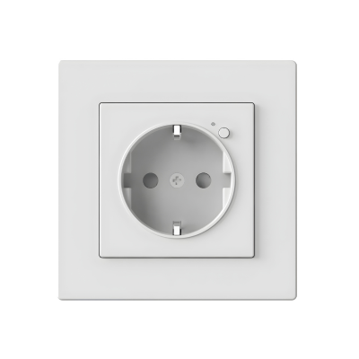 Prise murale européenne blanche avec un petit bouton.