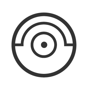 Icône noire et blanche avec un cercle central et deux demi-cercles au-dessus et en dessous, ressemblant à un œil de robot.