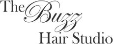 The logo for the buzz hair studio is black and white.
