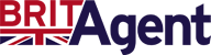 A logo for brit agent with a british flag in the background