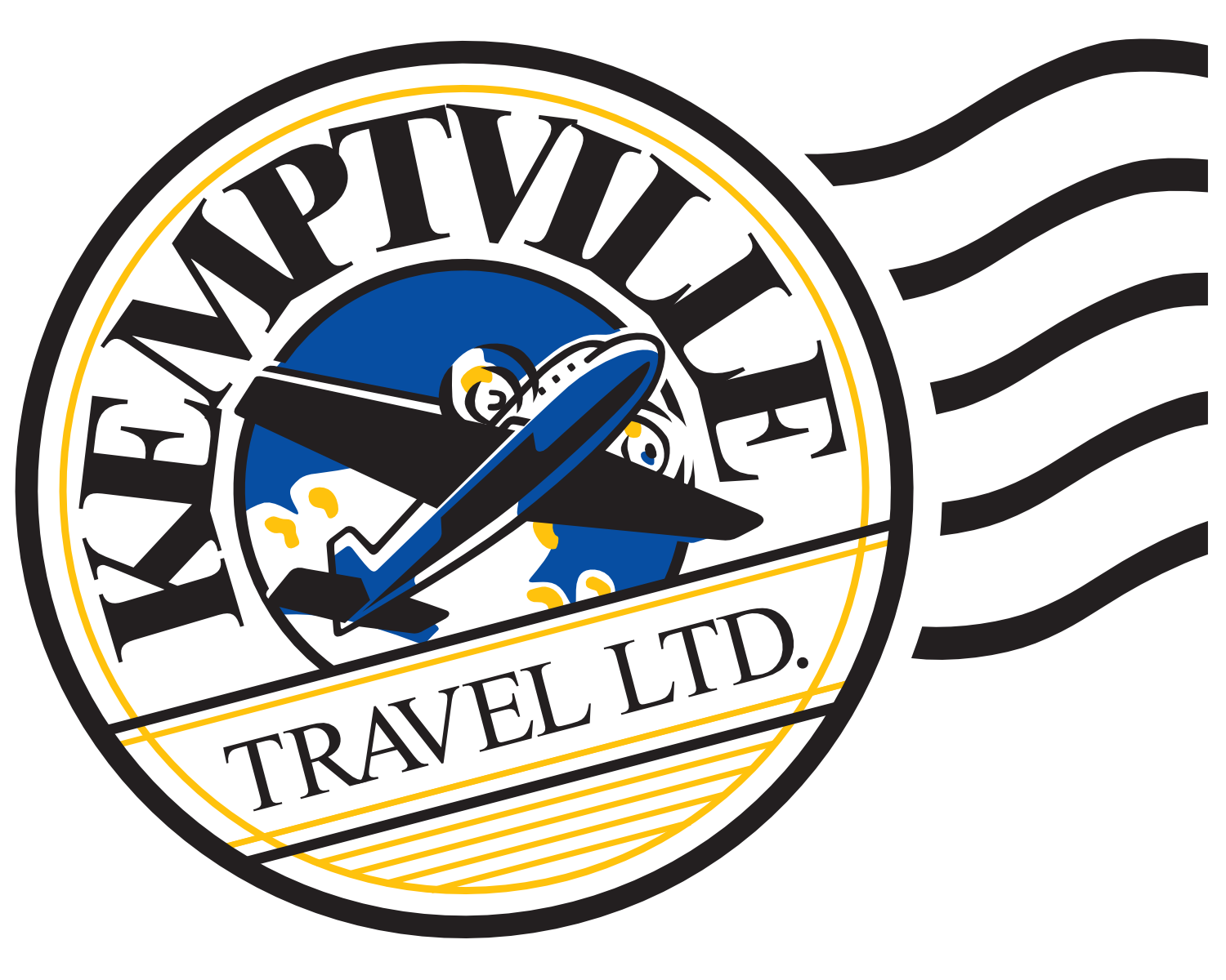 The logo for kemptville travel ltd shows a plane flying over a globe.