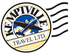 The logo for kemptville travel ltd shows a plane flying over a globe.