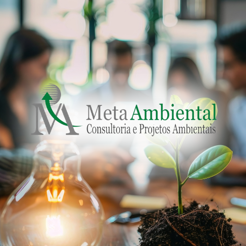 Meta ambiental consultoria e projetos ambientais logo with a plant in the foreground