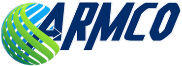 The logo for armco is blue and green and has a globe in the middle.