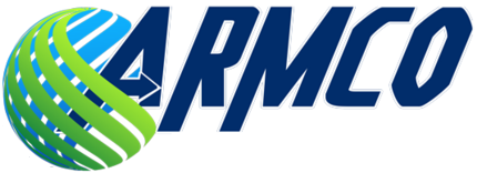 The logo for armco is blue and green and has a globe in the middle.