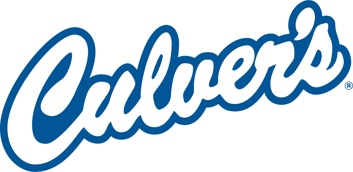 Culver's logo in blue cursive writing with white outline.