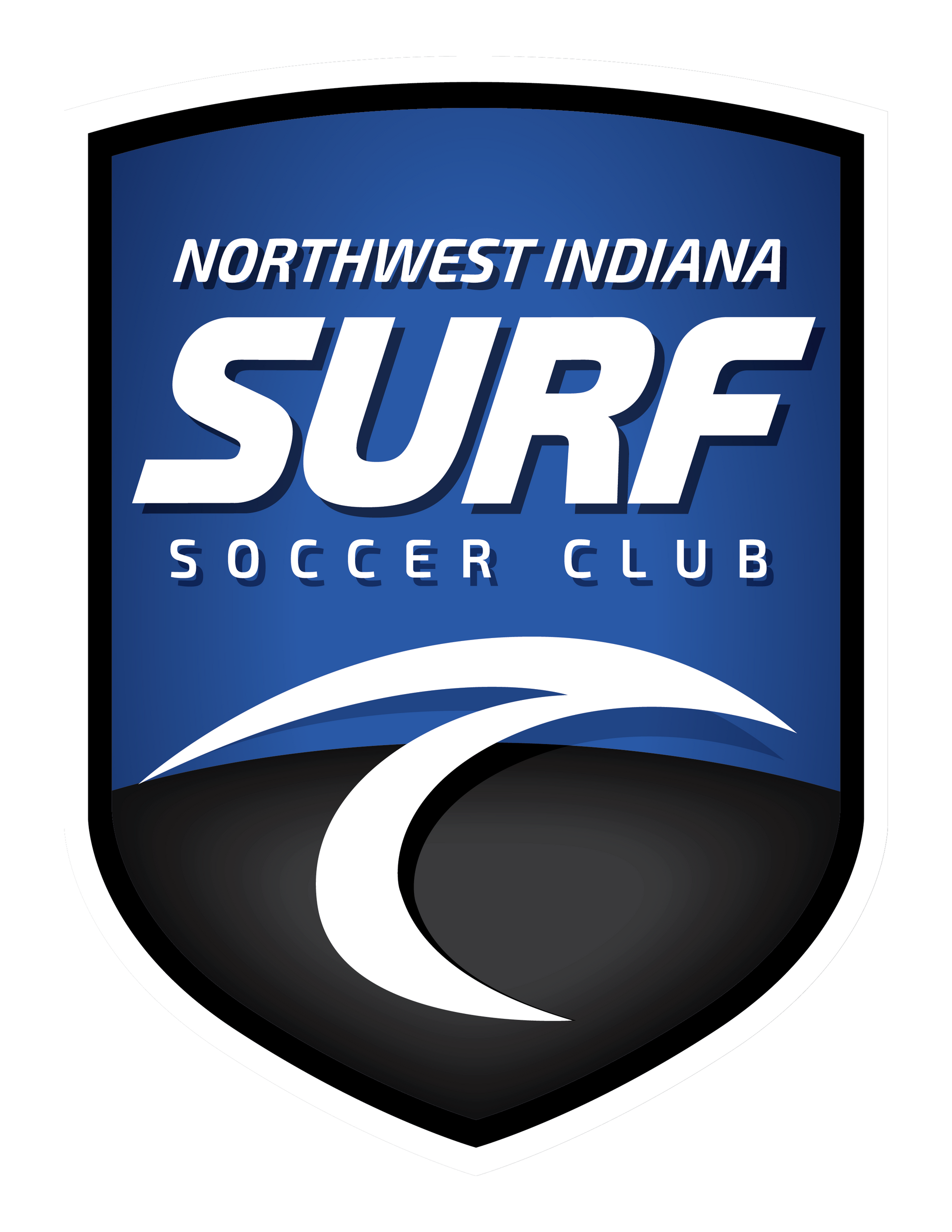 Logo for Northwest Indiana Surf Soccer Club: blue shield with white text and a surfing wave icon.