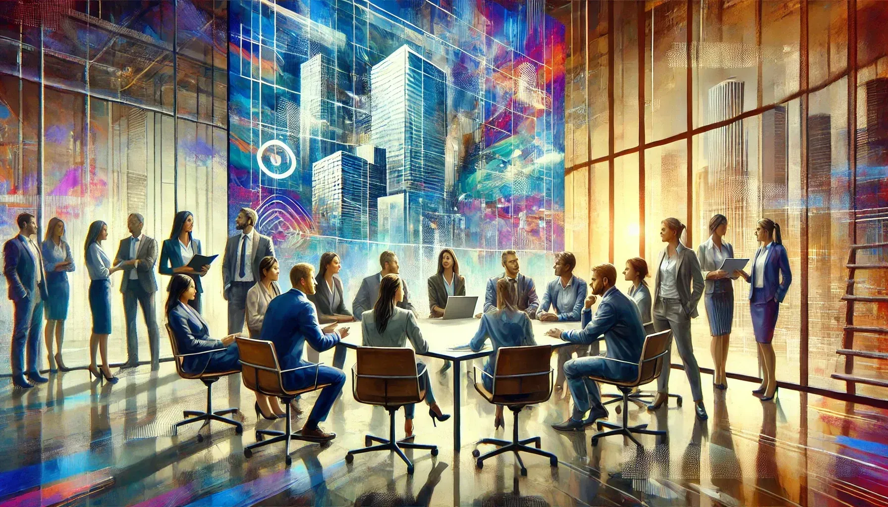 A group of business people are having a meeting in a conference room.