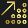 A gold arrow pointing up surrounded by gold circles on a black background.
