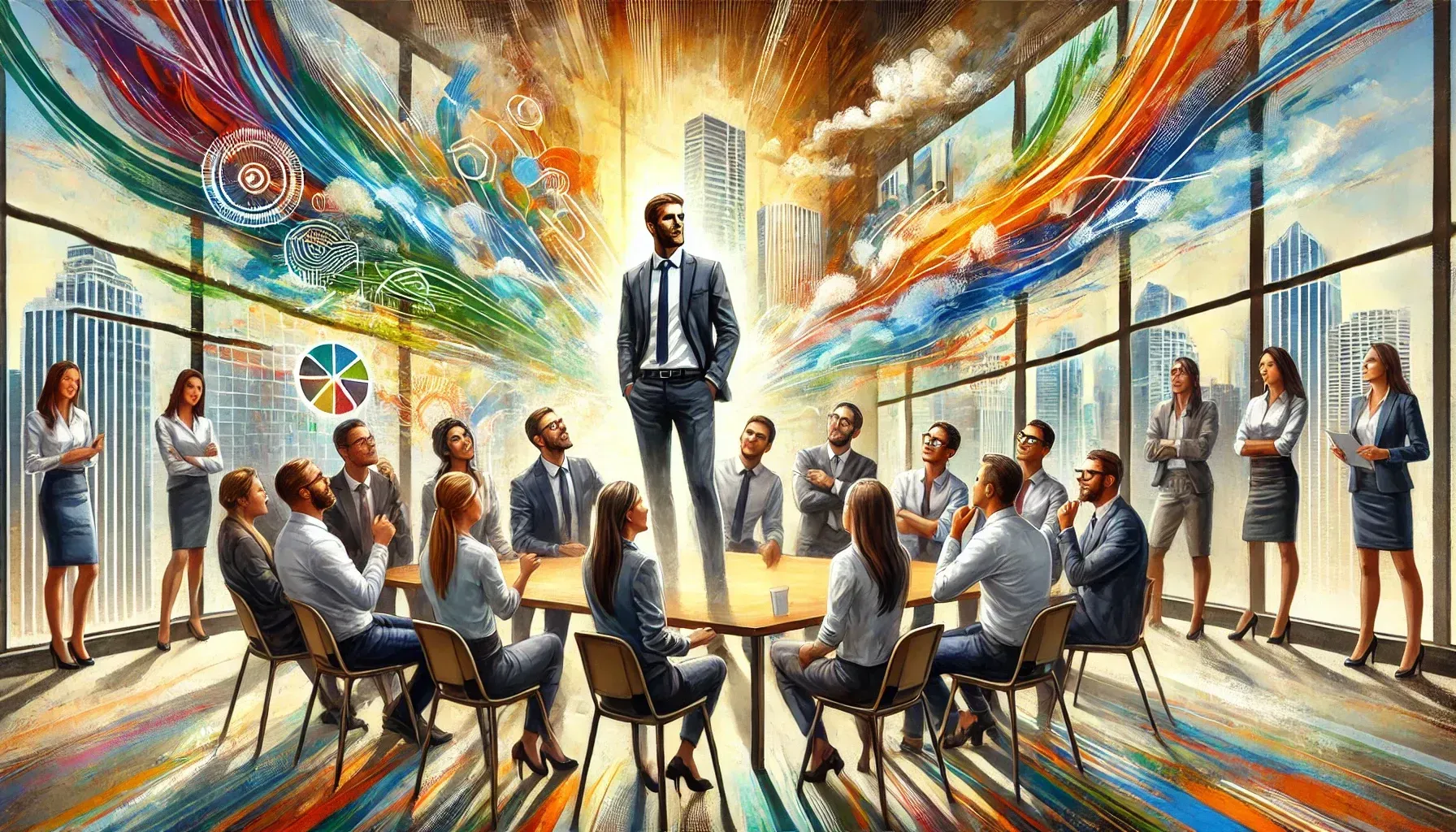 A man in a suit and tie is standing in front of a group of people sitting around a table.