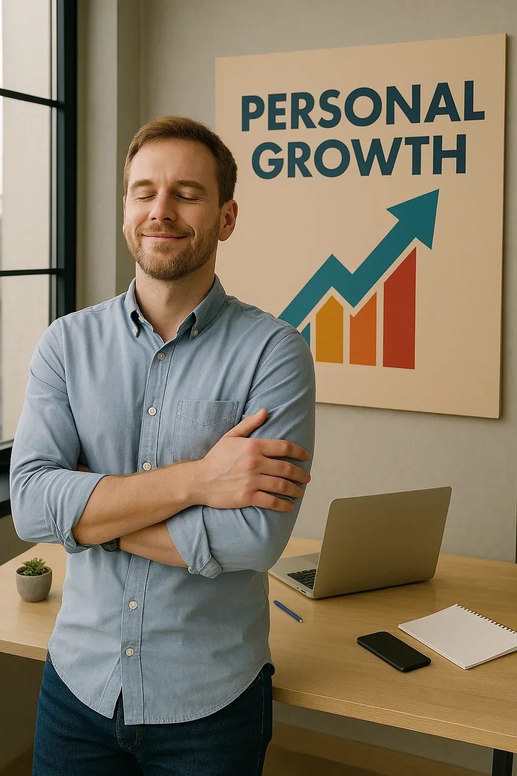 A man is standing in front of a poster that says `` personal growth ''.