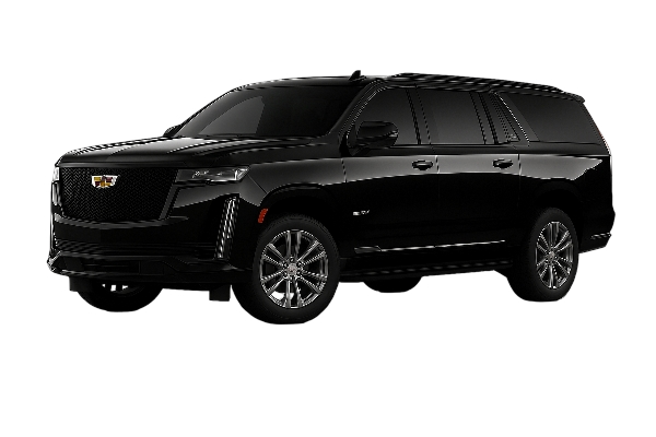 Man with suitcase exiting black car; another man opening the door near a building.