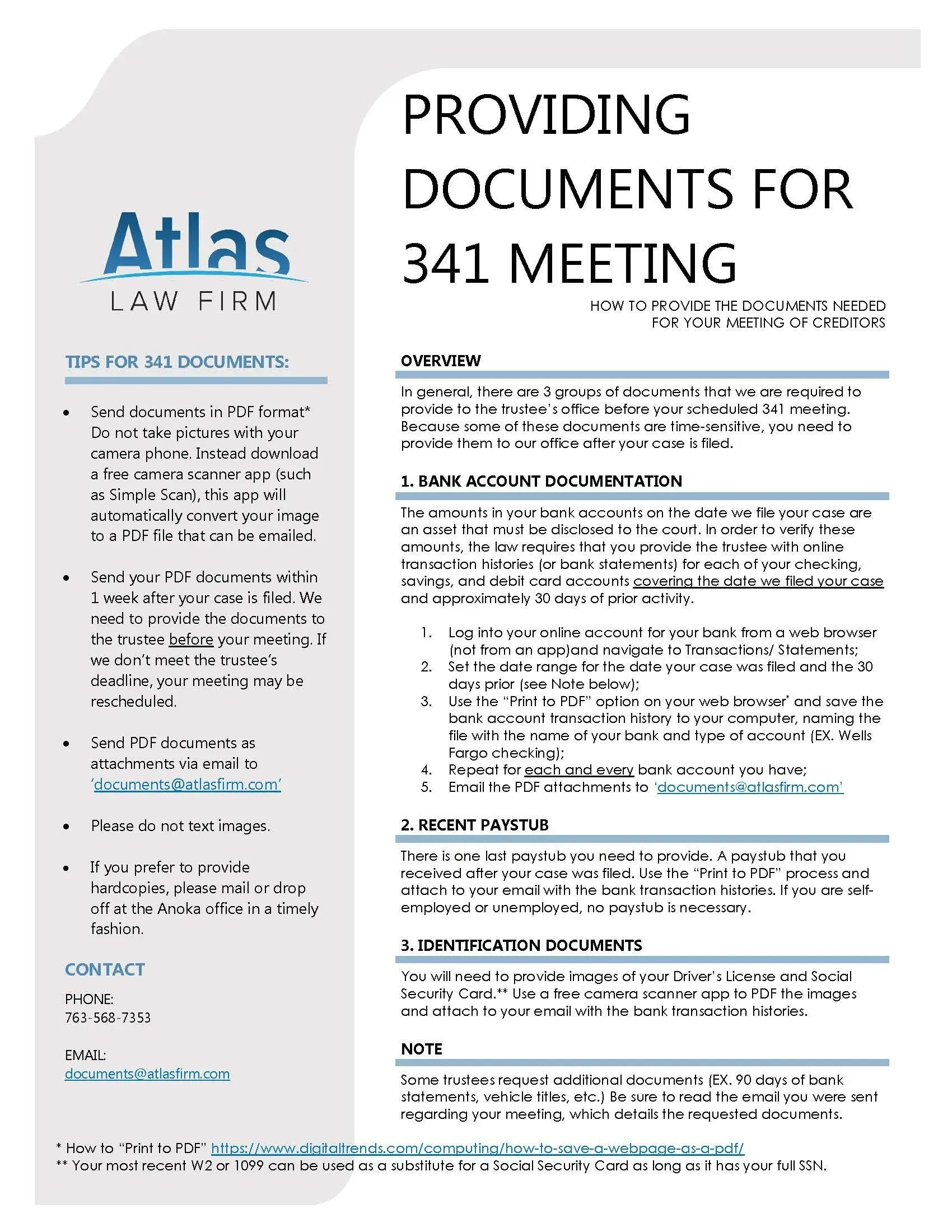 A page of a book titled providing documents for 341 meeting.