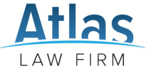 The atlas law firm logo is blue and white on a white background.