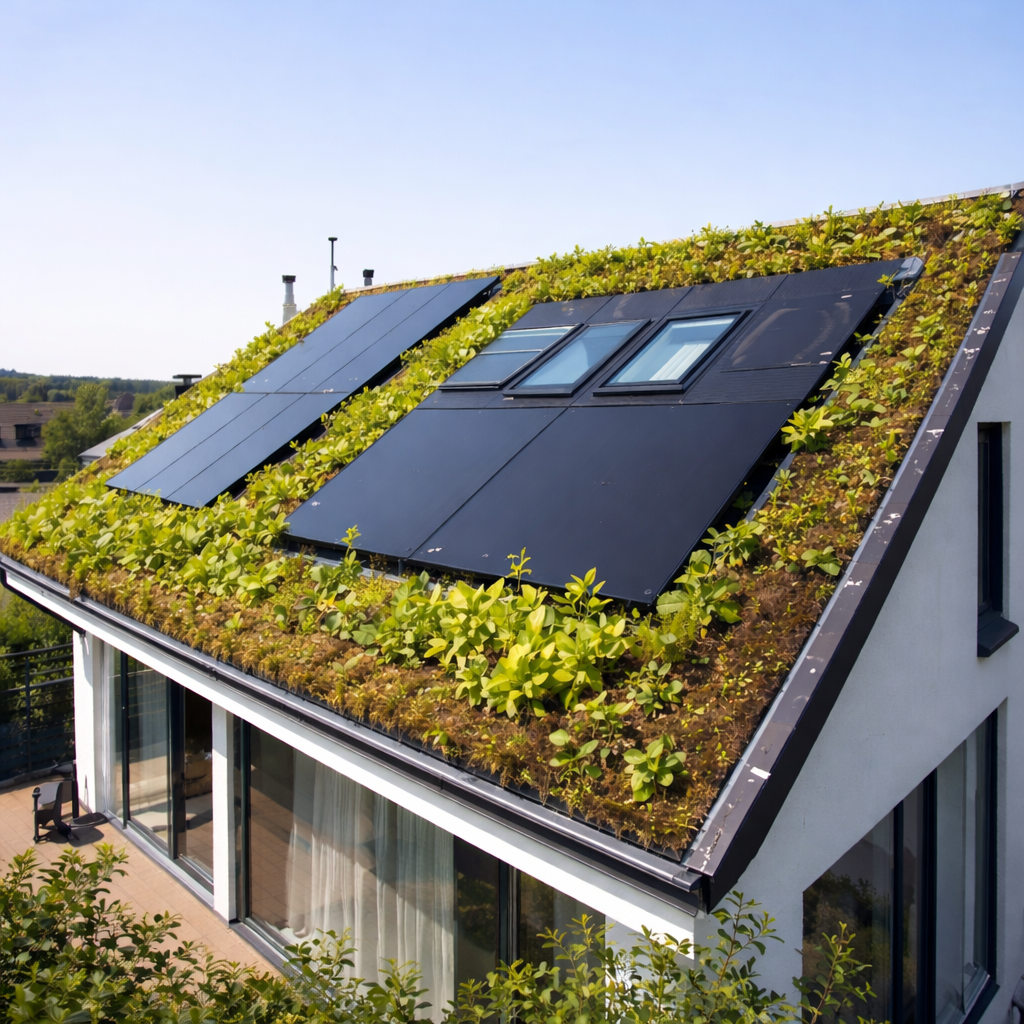 home with solar panels and living green roof
