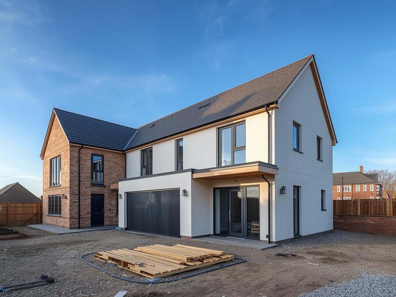 Modern two-story house with brick and white exterior under a blue sky, construction in progress.