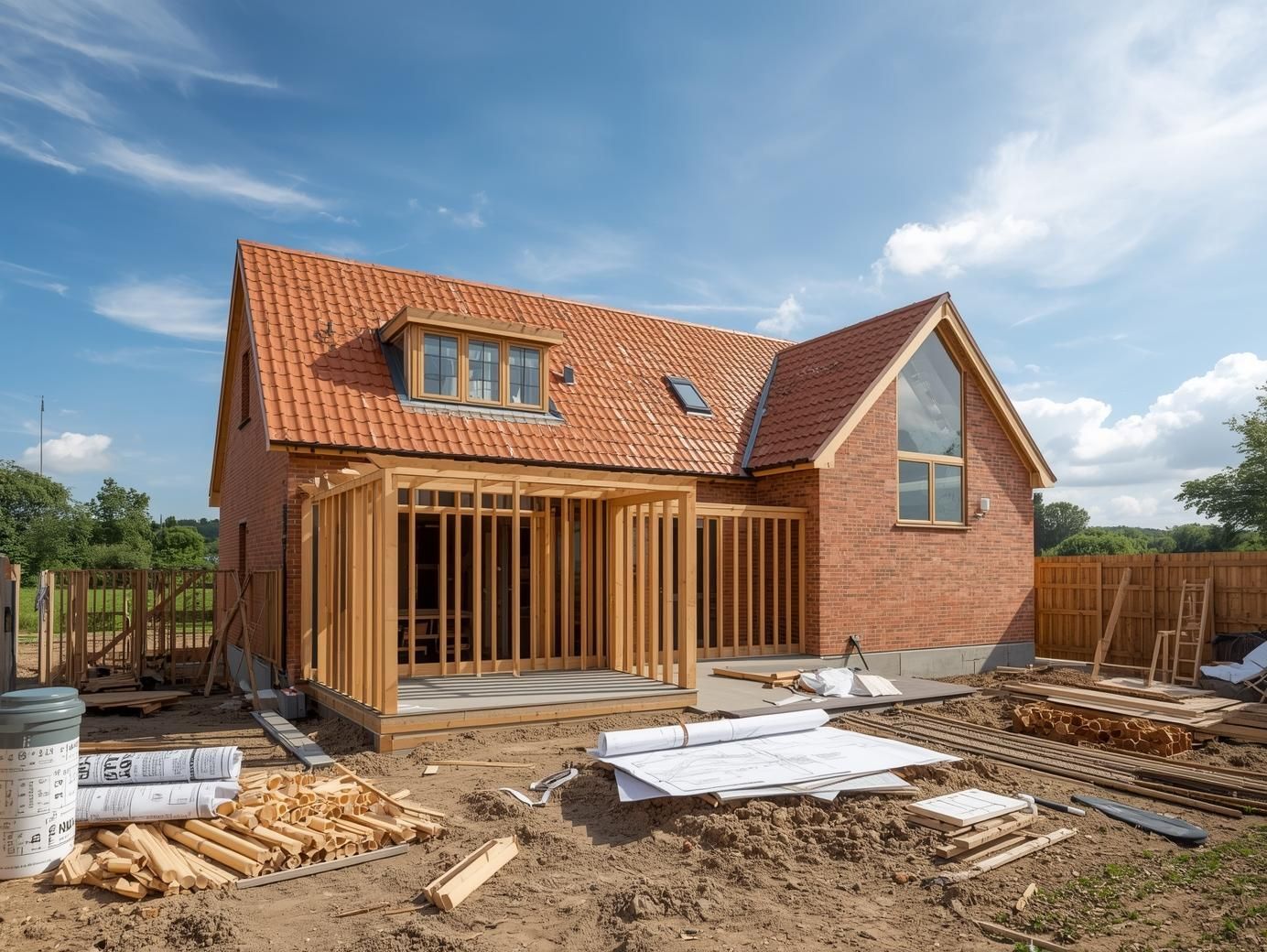 House under construction with exposed wooden frame, red-tiled roof, and surrounding construction materials.