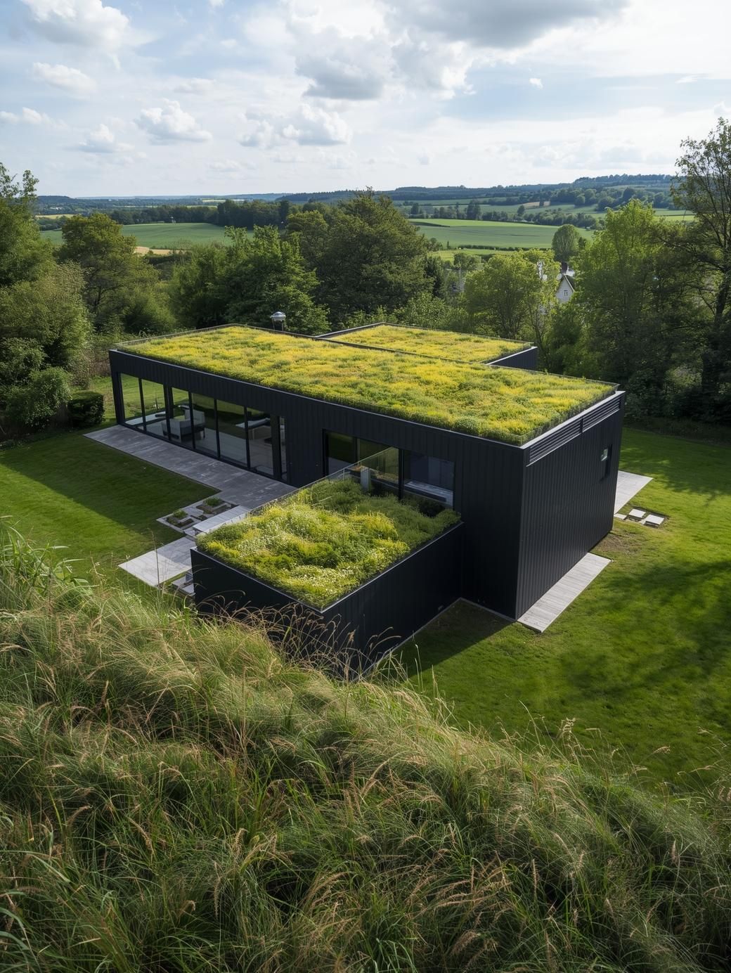 Modern home with a green, plant-covered roof and a garden
