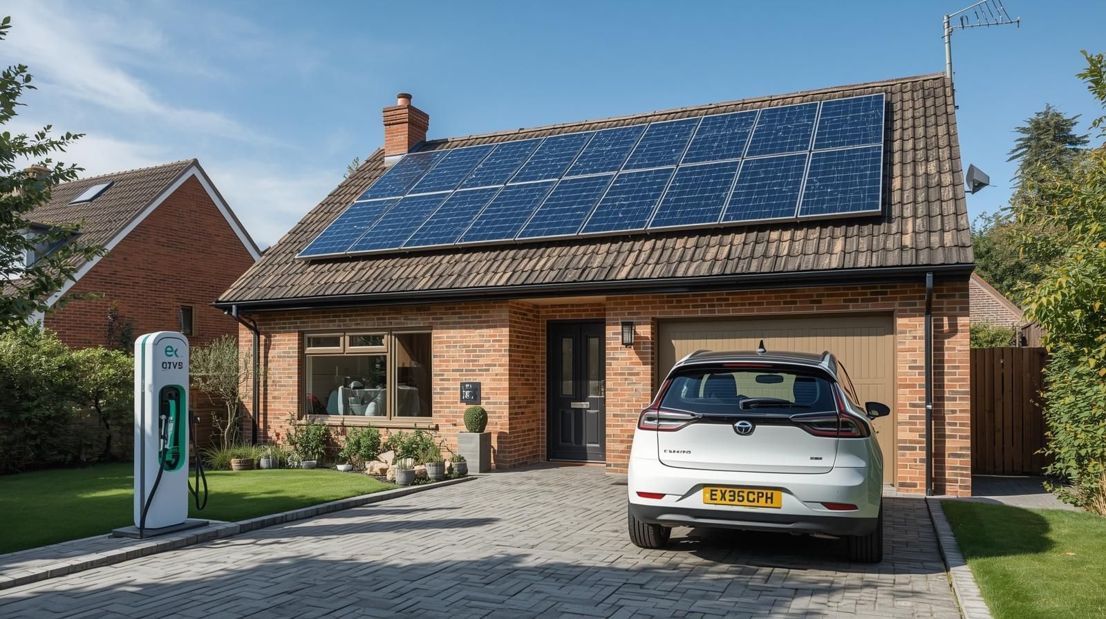 Modern house with solar panels on roof, electric car in driveway, and charging station