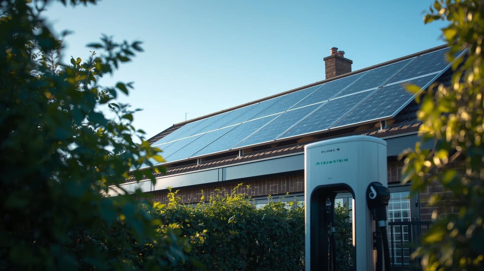 Solar panels on a house roof with an electric vehicle charging station in front, surrounded by greenery.