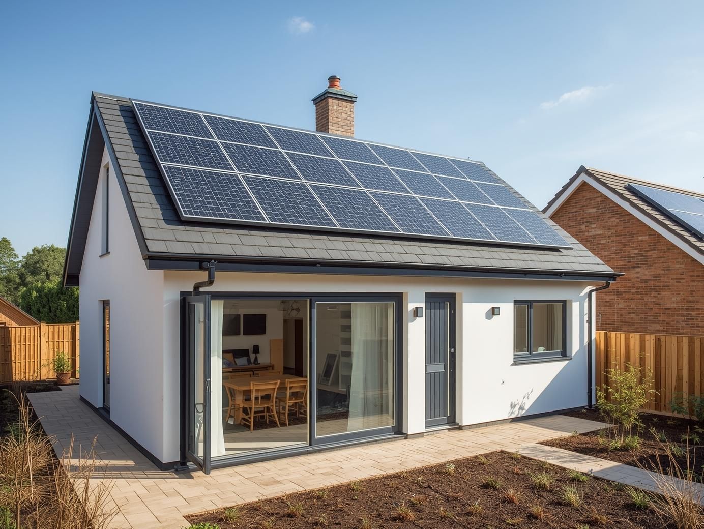 White house with solar panels on roof and a large sliding door.