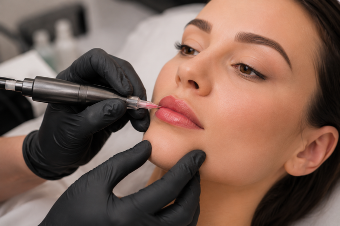 Primo piano di una procedura di tatuaggio cosmetico sulle labbra, con mani guantate che reggono la macchinetta per tatuaggi.
