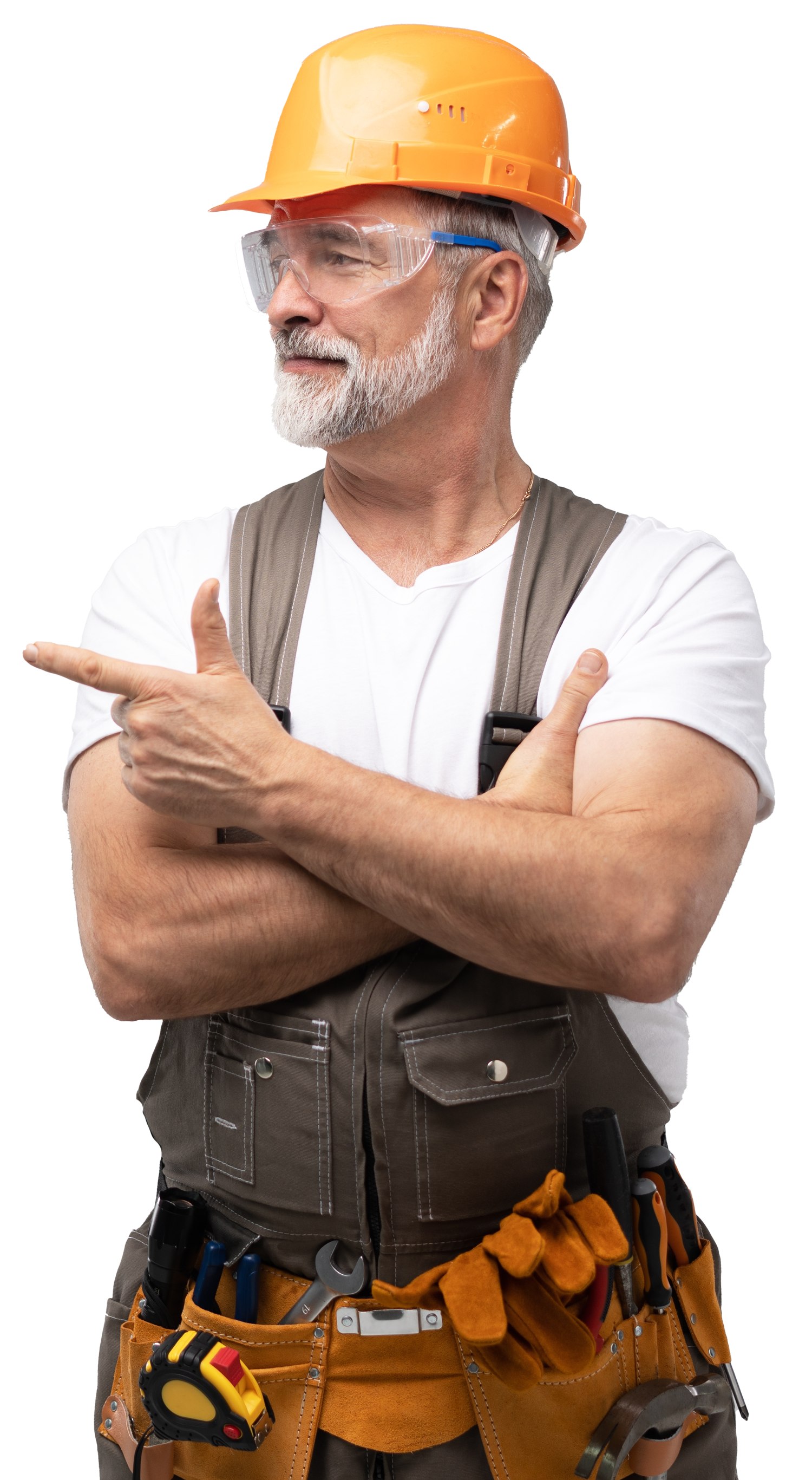 Construction worker wearing a hard hat, safety glasses, and a tool belt, pointing to the left with crossed arms.