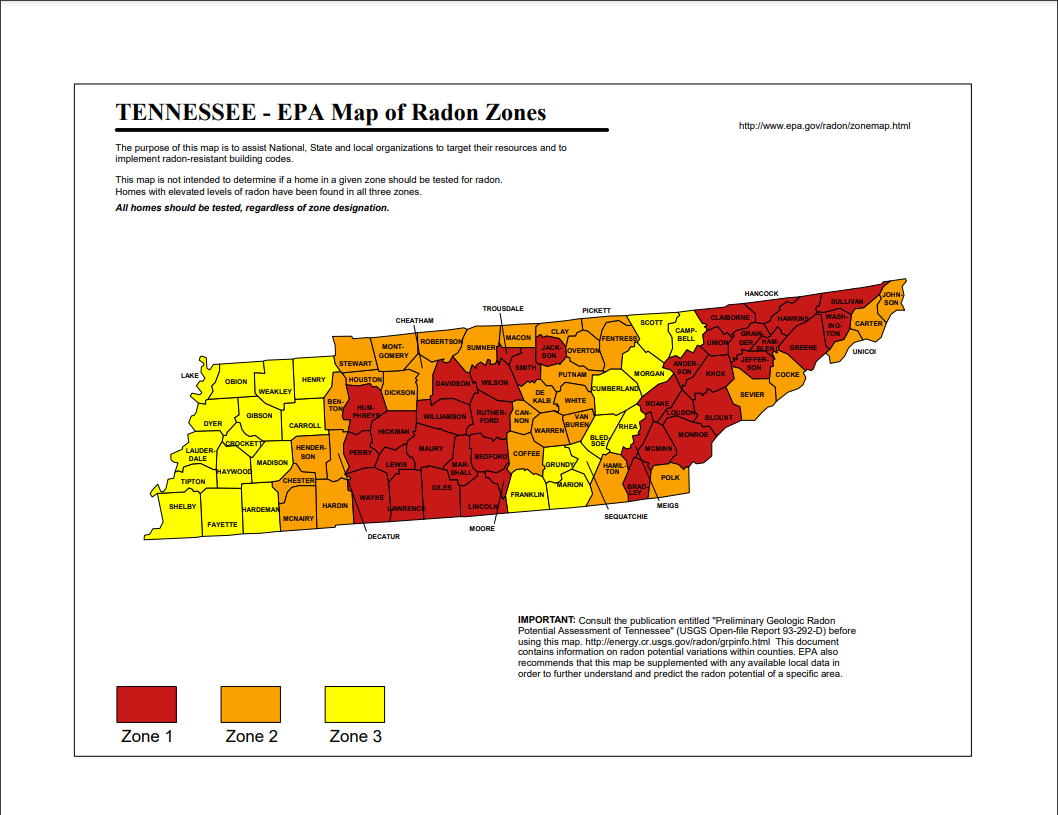 A map of tennessee showing the epa map of radon zones