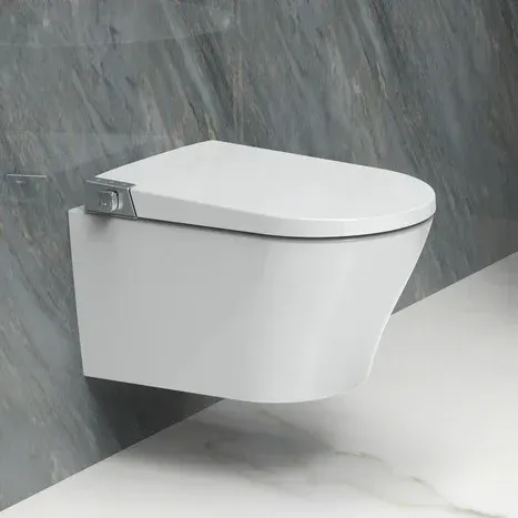 A white toilet is hanging on a wall in a bathroom.