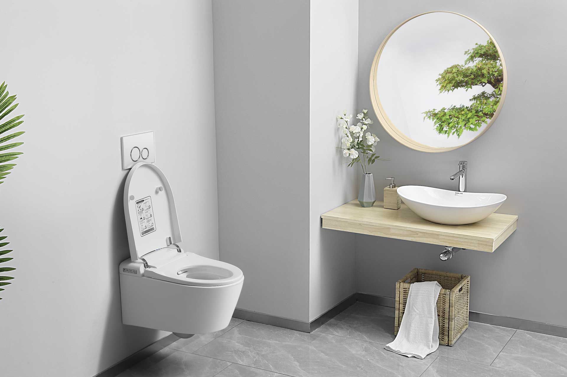 A bathroom with a toilet , sink and mirror.