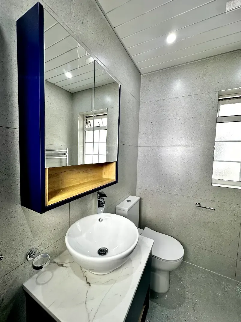 A bathroom with a sink , toilet and mirror.