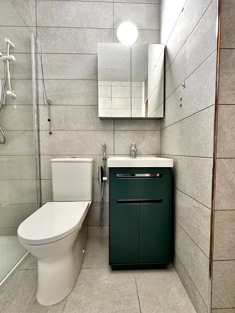 A bathroom with a toilet , sink , mirror and shower.