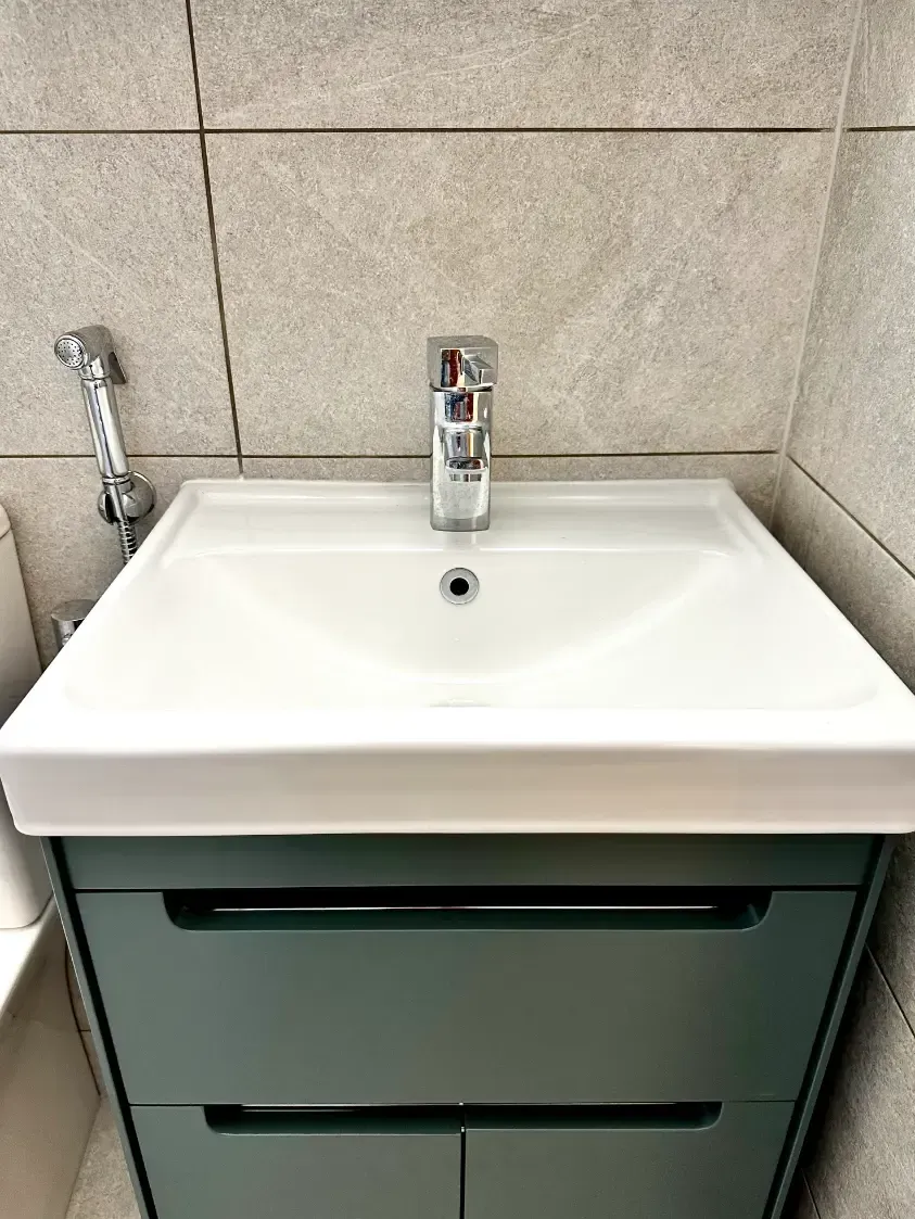 A bathroom sink with a faucet and a shower head.