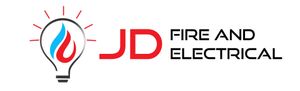 The logo for jd fire and electrical has a light bulb with a fire inside of it.