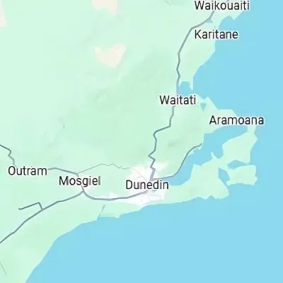 Map showing Dunedin concrete services coverage area, including surrounding suburbs and regions.