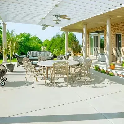 Outdoor concrete patio construction by Dunners Concrete for a beautiful property in Saddle Hill.