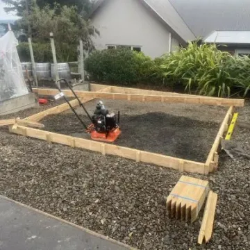 Before: Exposed aggregate patio area excavated, boxed and base compacted with plate compactor, Maori Hill