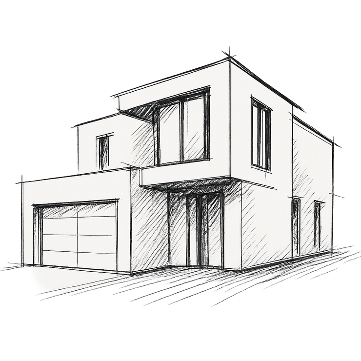 Modern two-story house sketch with garage, large windows, and covered entry.