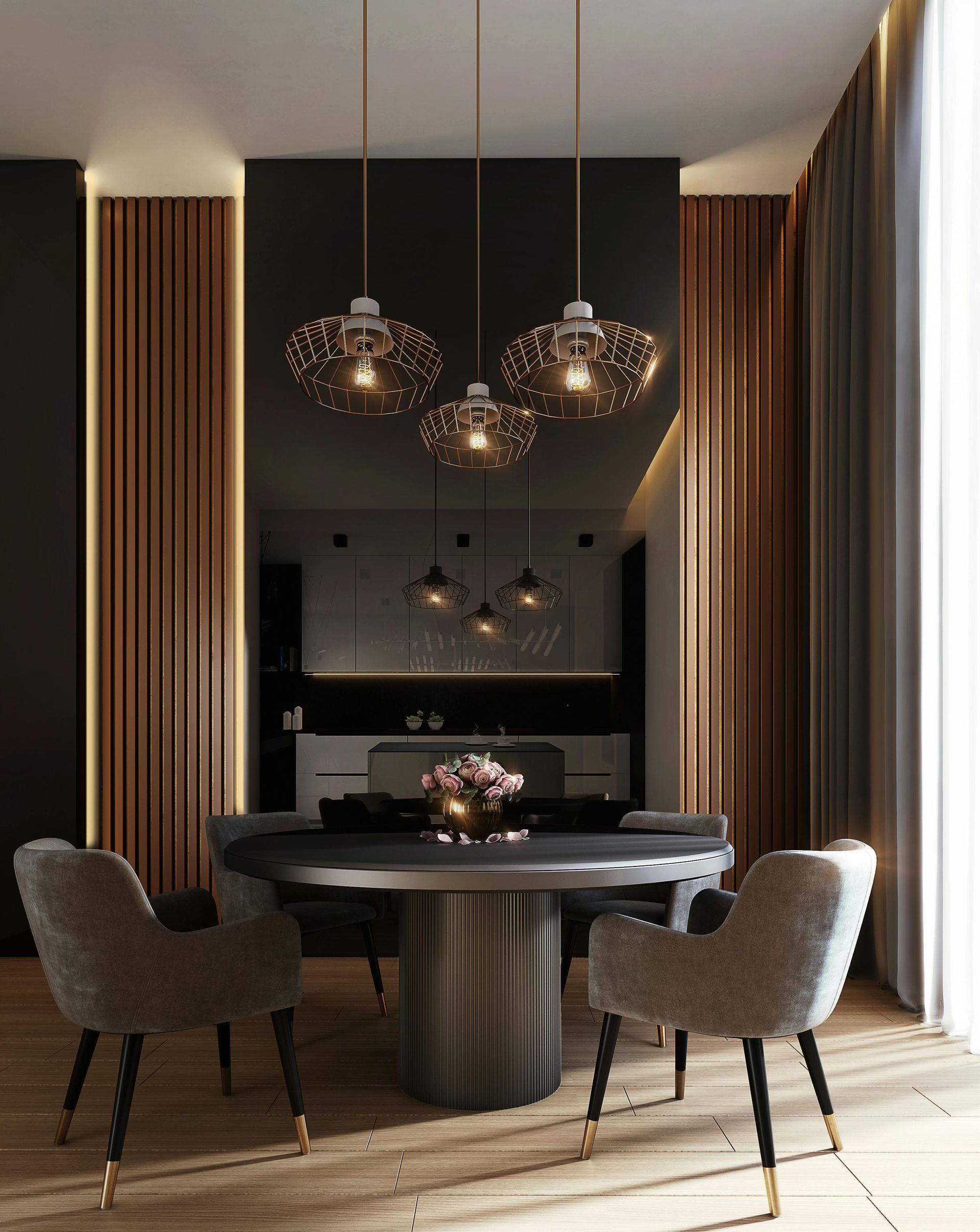 Dining room with dark round table, chairs, pendant lights, and wooden wall accents.