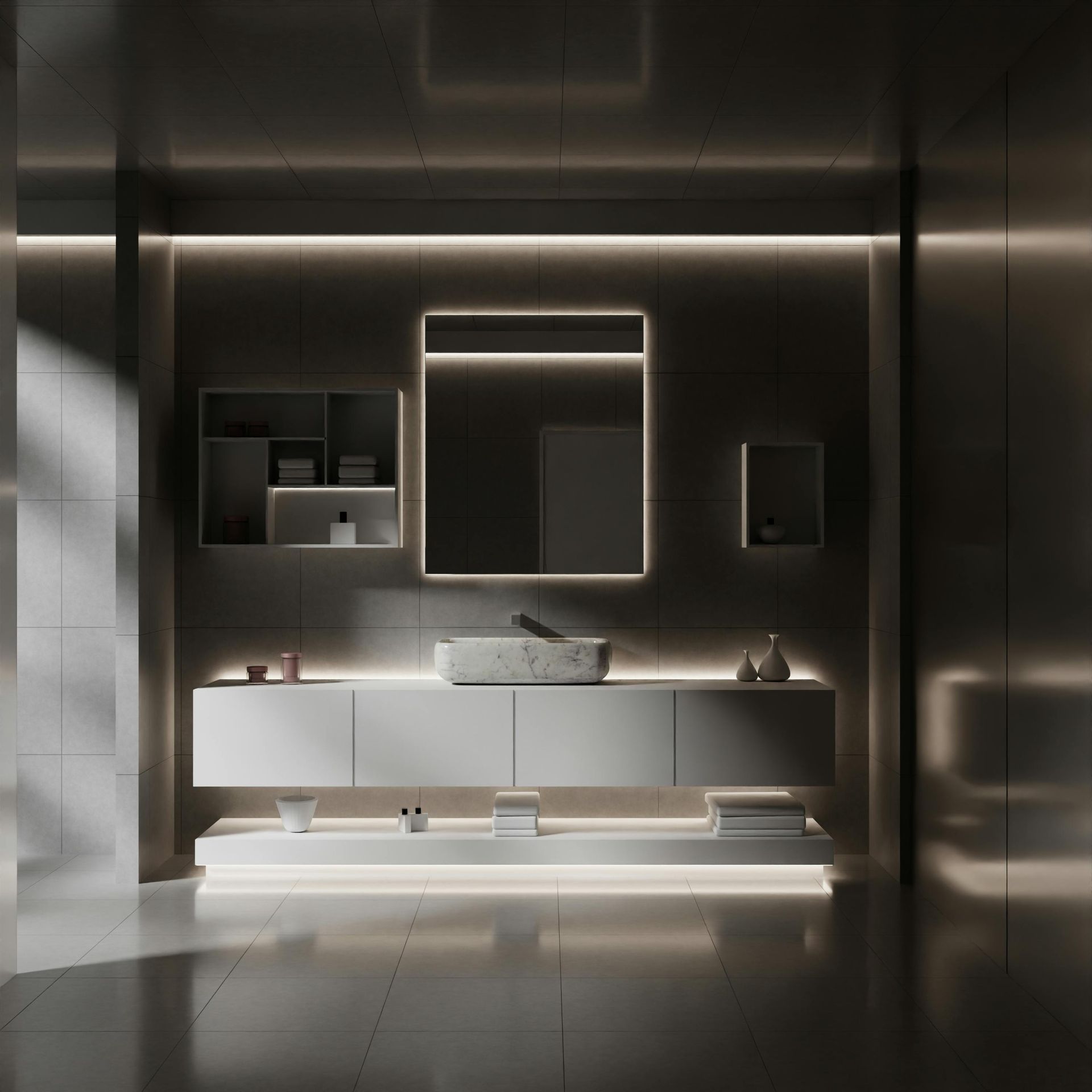 Modern bathroom with floating vanity, illuminated mirror, and recessed lighting.