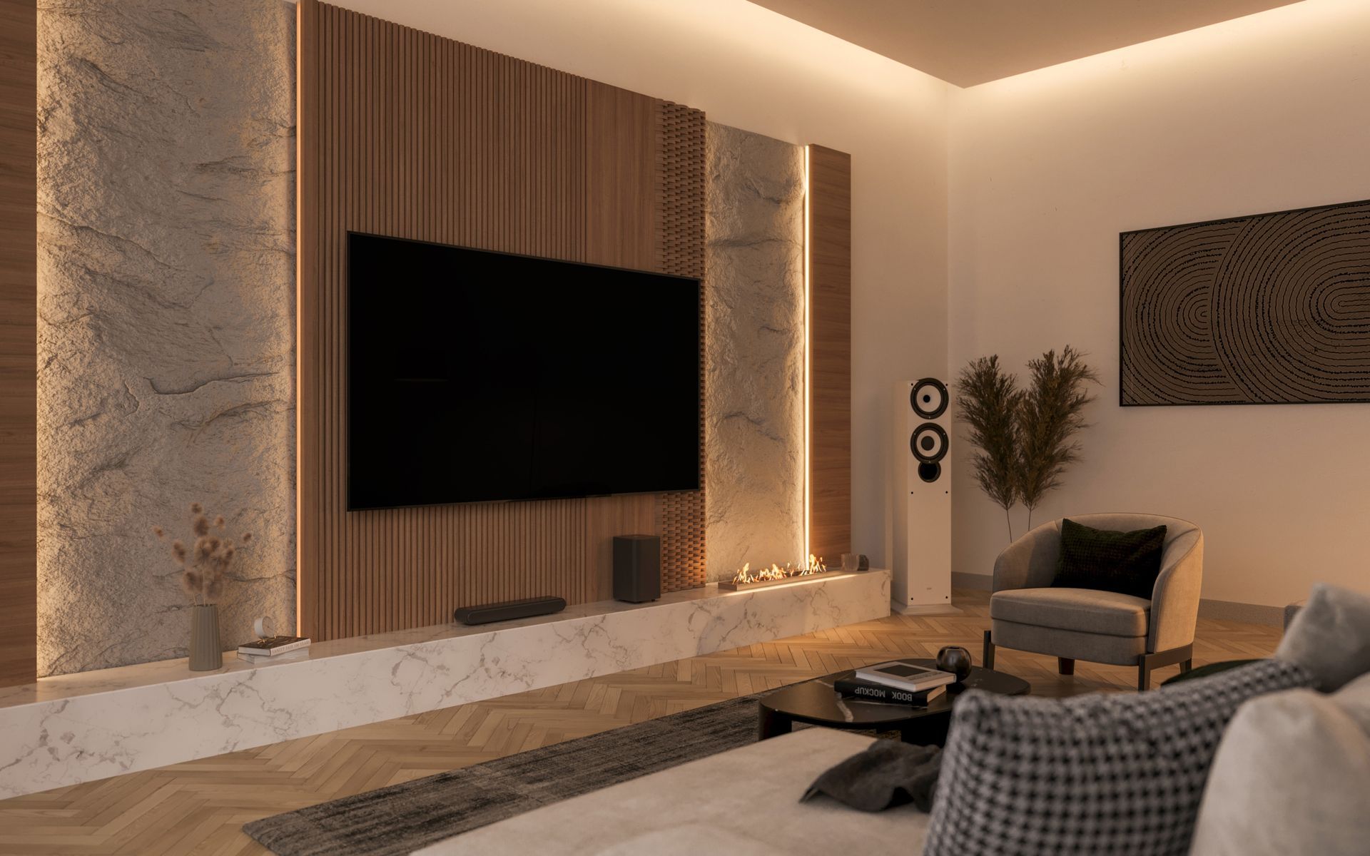 Modern living room with a large TV, wood paneling, and stone accents.