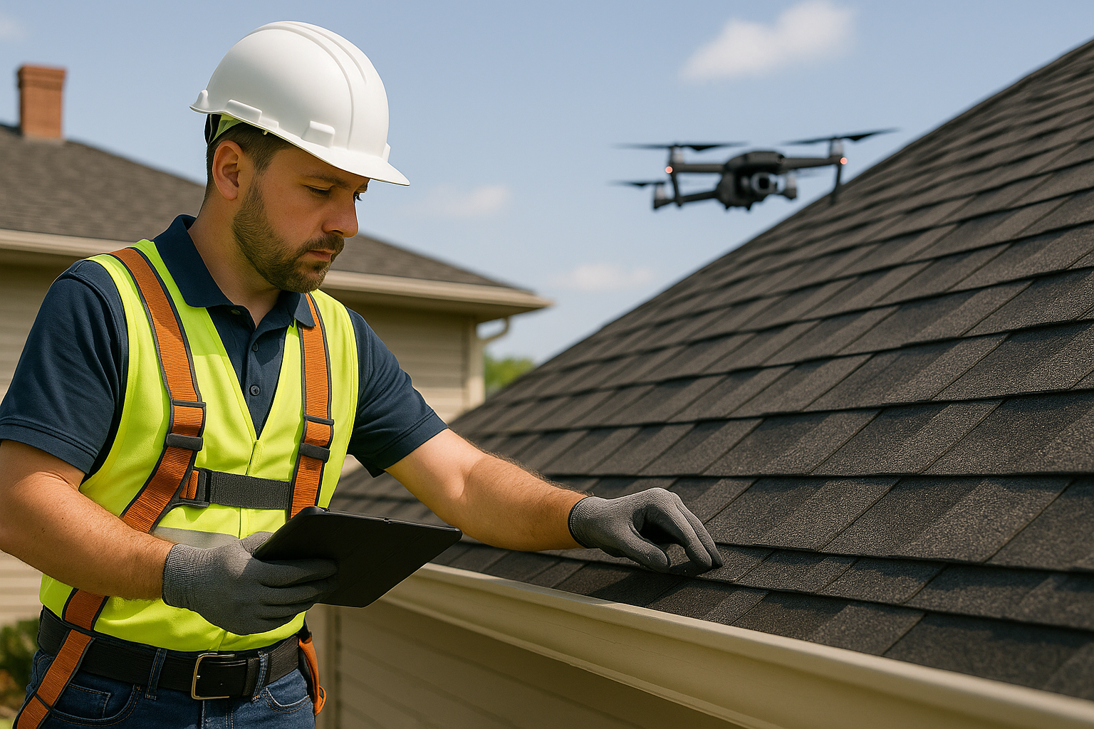 A man is looking at a tablet while a drone is flying over a roof.