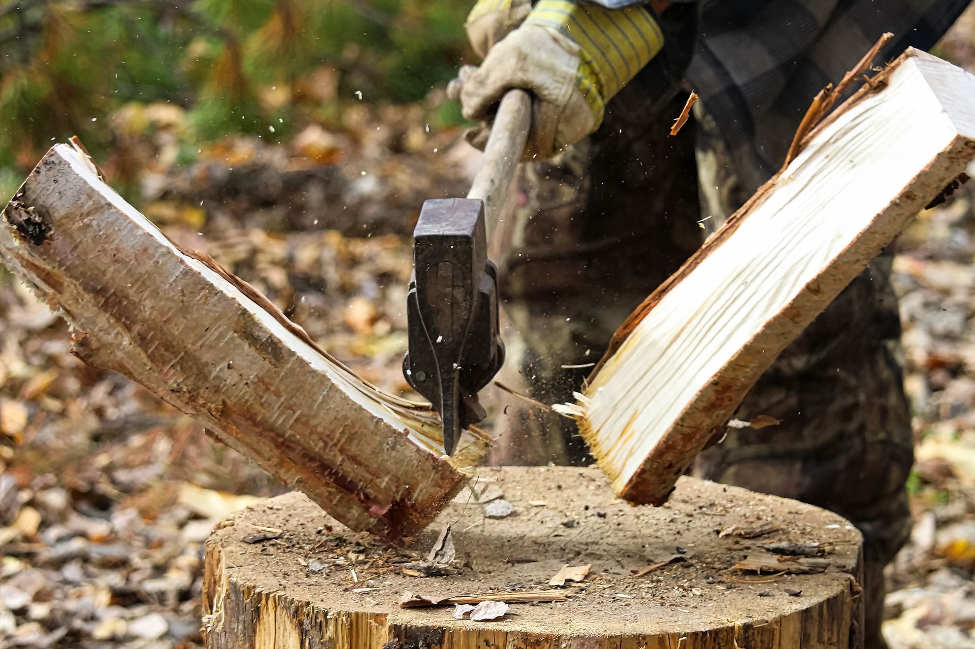 Lumberjack splitting a log with an axe on a wooden stump in an outdoor setting.