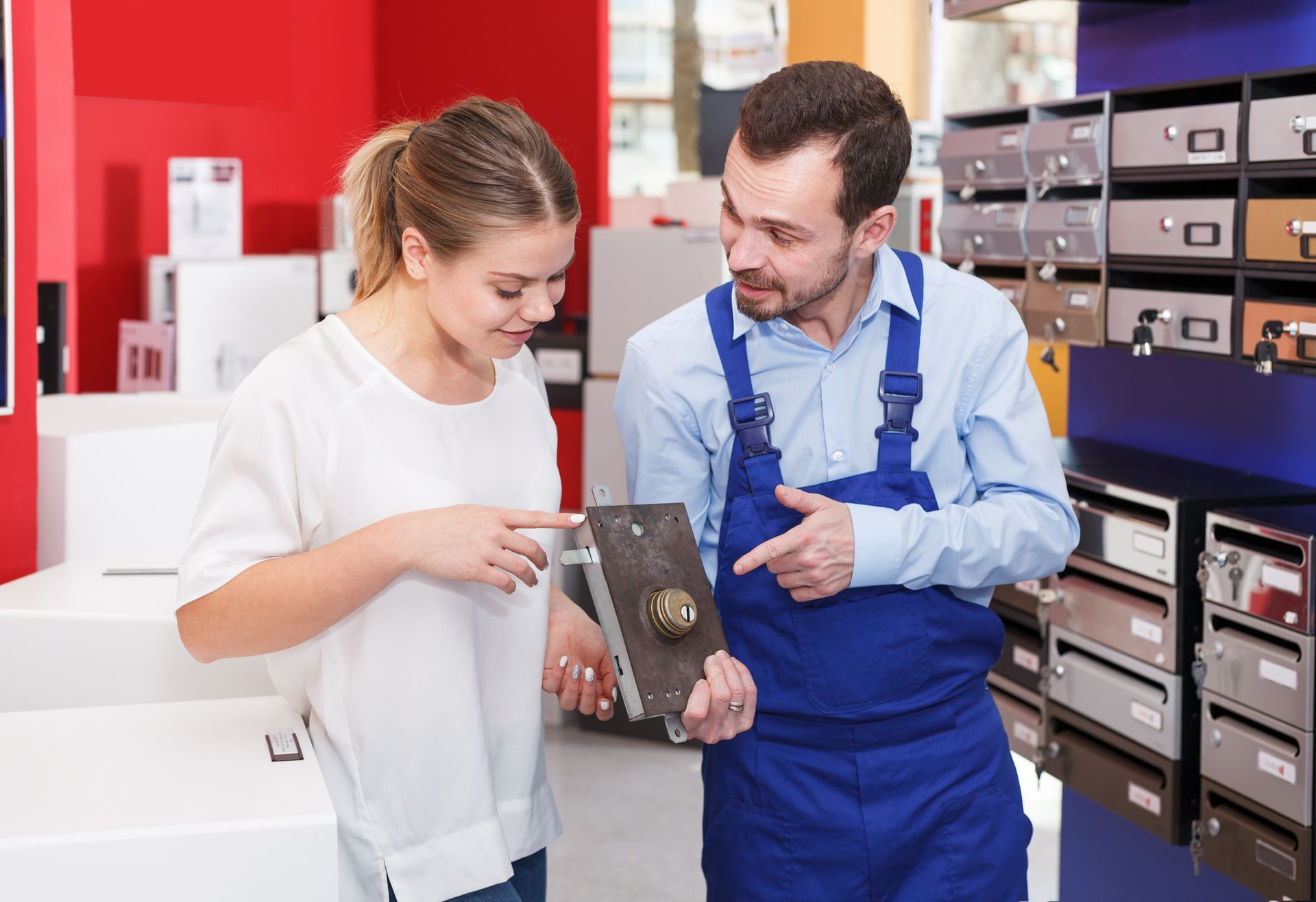 Homeowners reviewing new security lock options for their home.