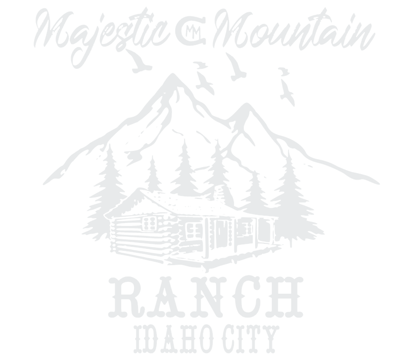 Majestic Mountain Ranch logo: cabin, mountains, trees, birds,
